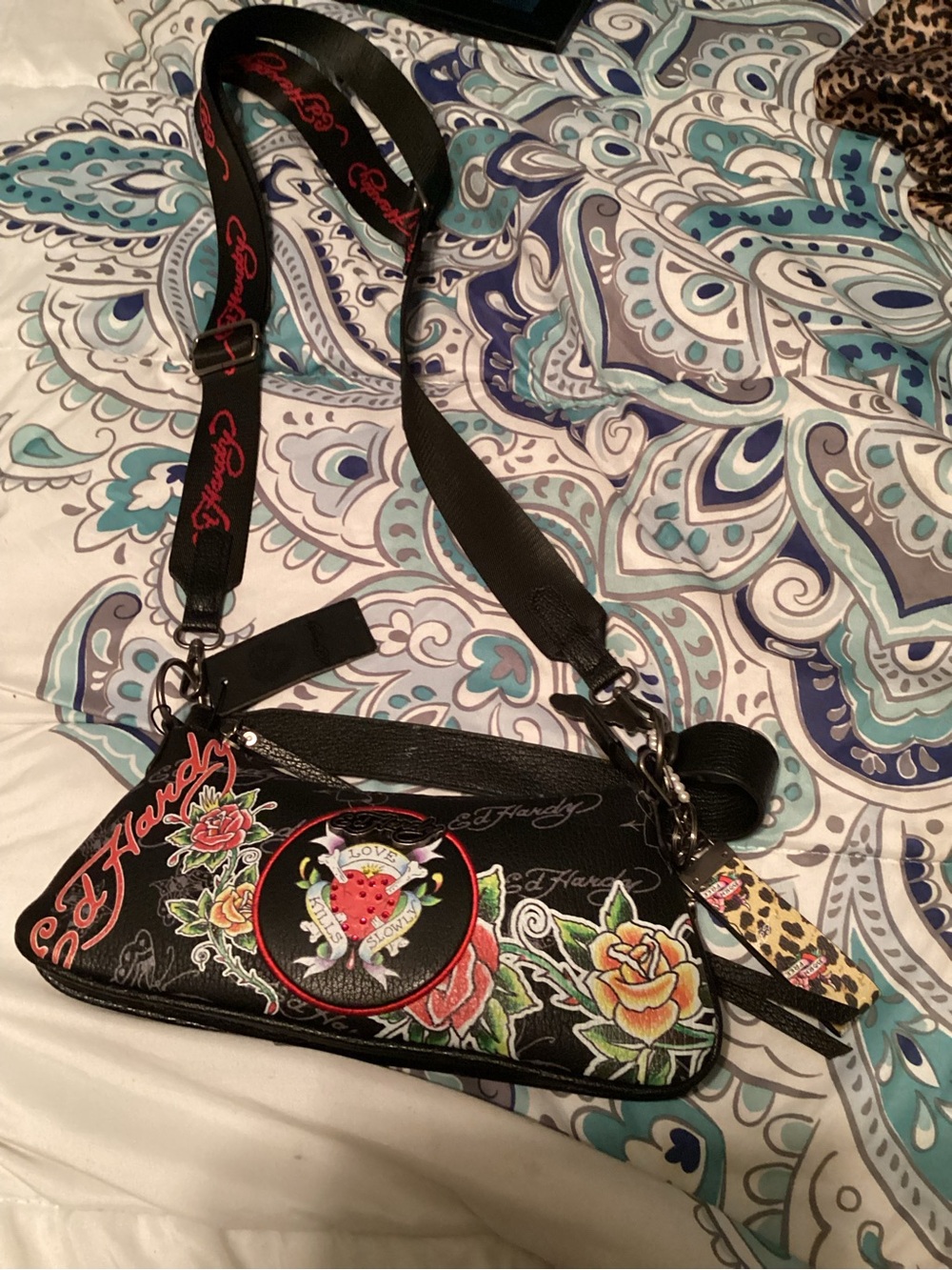 Ed Hardy Black Crossbody Bag with Colorful Floral & Heart Patch